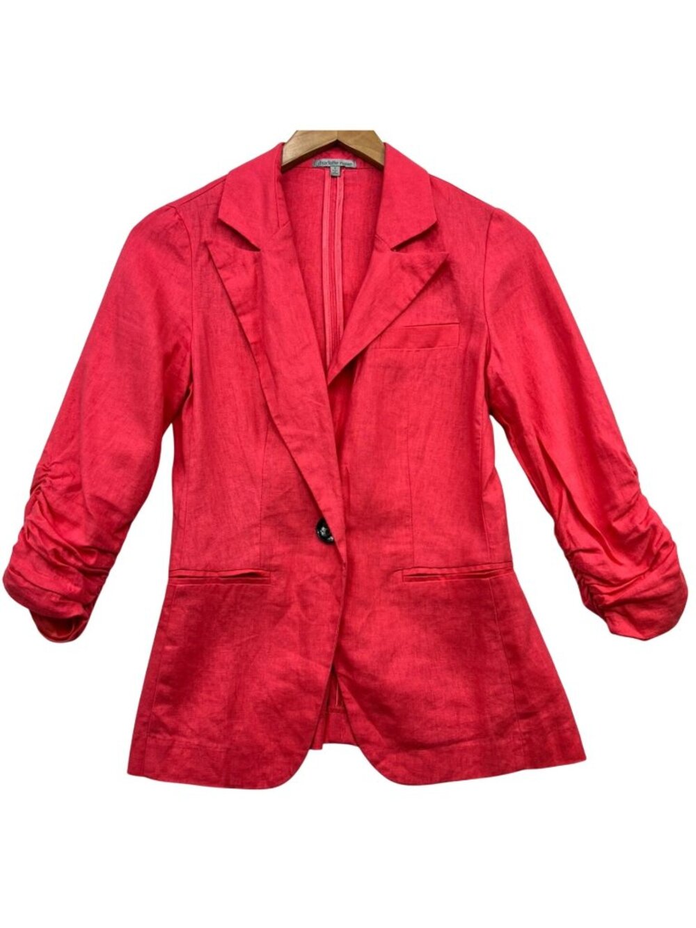 Women's Linen-Blend One Button Blazer Ruched Sleeve Size S Red
